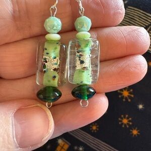Hand Crafted Green and Silver Beaded Earrings
